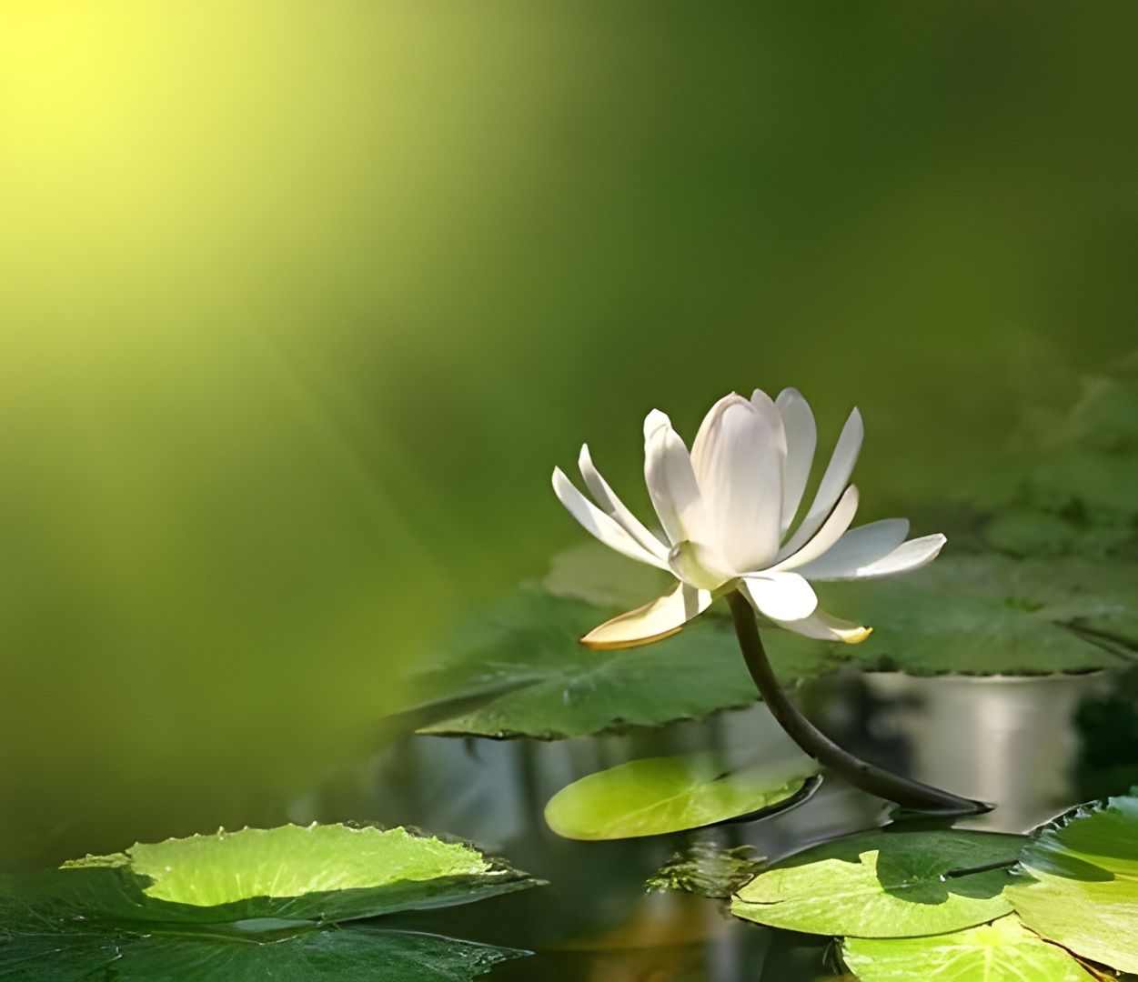 Weiße Seerose auf ruhigem Wasser zwischen grünen Seerosenblättern - sanftes Sonnenlicht schafft eine friedliche und natürliche Stimmung