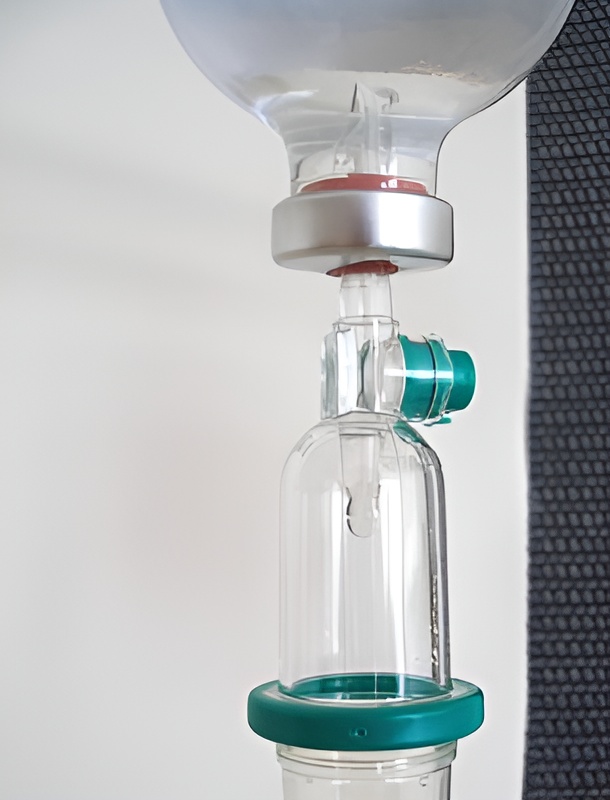 Detailaufnahme eines Infusionssystems mit Tropfkammer und Flüssigkeitsbehälter - medizinisches Zubehör für intravenöse Therapie oder Infusion im Behandlungsraum