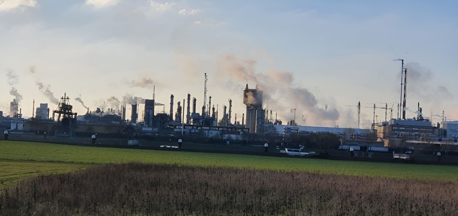 Industrieanlage mit zahlreichen Schornsteinen und Türmen, aus denen Rauch oder Dampf aufsteigt, im Vordergrund ein grünes Feld mit Wiese und Sträuchern.