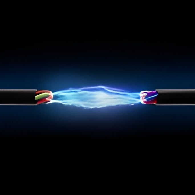 Zwei schwarze Kabel mit freiliegenden, farbigen Drähten, zwischen denen eine elektrische Entladung sichtbar ist